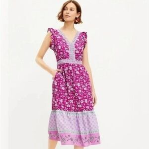 LOFT NWT Petite Pink & Violet Floral Cotton Blend V-Neck Midi Dress With Pockets